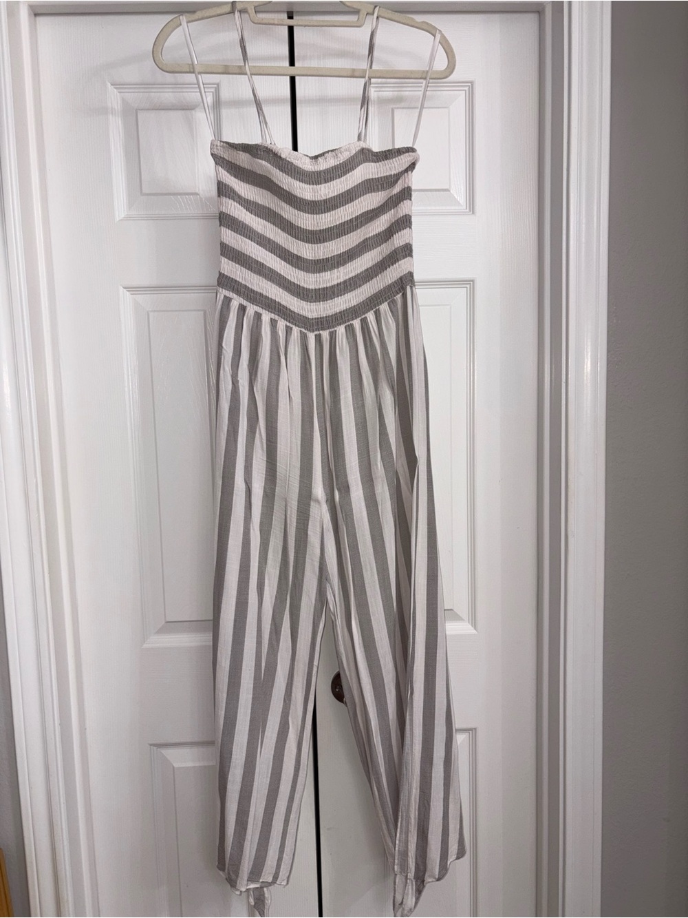 Smocked Striped Gray & White Jumpsuit with Spaghetti Straps